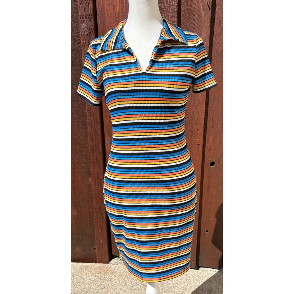 No Comment Rainbow Stripe Ribbed Polo Bodycon Dress L Made USA